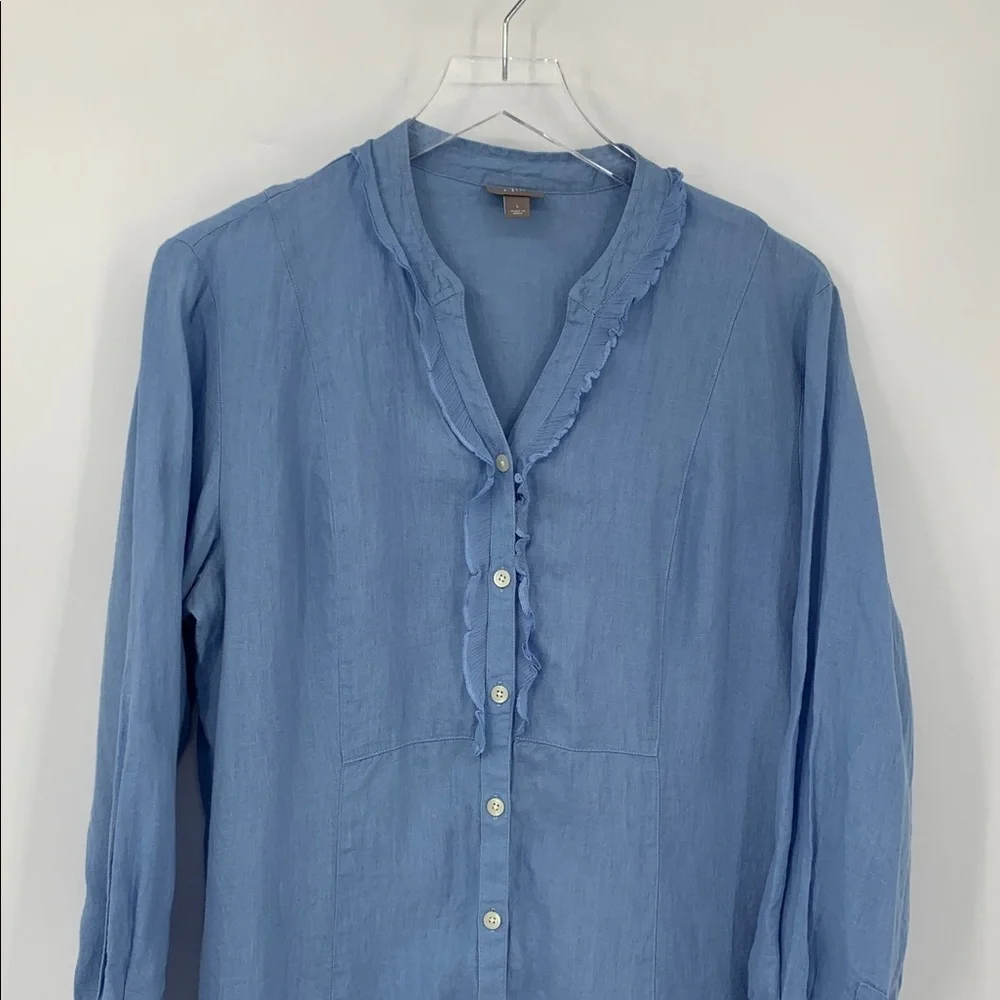 J Jill Linen tunic blouse shirt top blue button chambray blue ruffle trim Large
